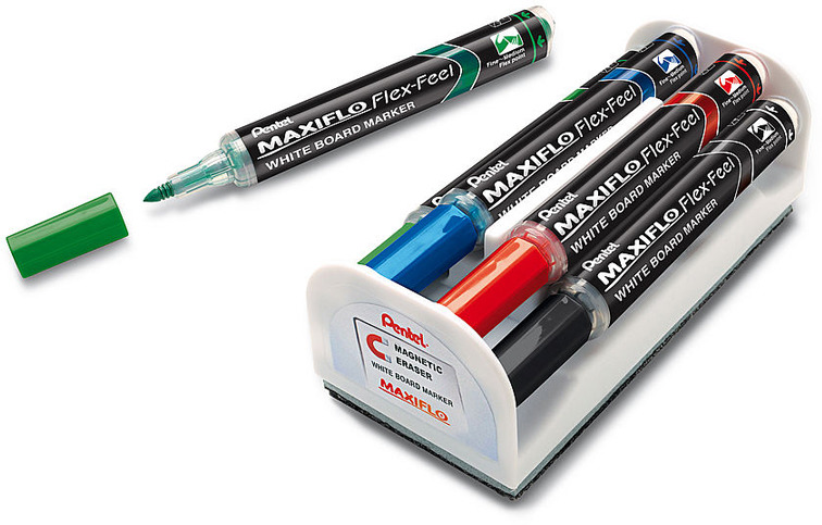Набор маркеров для досок Pentel Maxiflo-Flex-Feel, с магнитной губкой, толщина 1.0-5.00 мм, 4 цвета - Маркеры Набор маркеров для досок Pentel Maxiflo-Flex-Feel, с магнитной губкой, толщина 1.0-5.00 мм, 4 цвета - Маркеры
