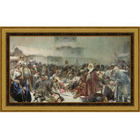 Арт-постер в багете Марфа Посадница (К. В. Лебедев), 24 x 40 см24x40 OZ107-504011 Арт-постер в багете Марфа Посадница (К. В. Лебедев), 24 x 40 см24x40 OZ107-504011Художественная репродукция картины К.В. Лебедева Марфа Посадница. Изображение нанесено на чрезвычайно плотную основу (это не бумага и не картон) и обрамлено в багет. Технология изготовления арт-постеров подразумевает обязательную художественную ламинацию каждого изображения, чтопридает картине дополнительную ценность, а также защищает поверхность от загрязнения, повреждений (в том числе попыток помять, исцарапать изображение), влаги и ультрафиолетовых лучей. Так, например, наши арт-постеры совершенно спокойно перенесут не одну зиму в дачном или загородном доме.Ламинирование может значительно улучшить качество изображения. Использование пленок дает различную фактуру лицевой поверхности изображения (глянцевую, матовую, холщевую, ситцевую, льняную и другие). Например, при использовании глянцевых пленок изображение проявляется - краски становятся более контрастными исочными. Технология художественного ламинирования максимально приближает изображение к натуральной картине (холст, масло), акварели.Отличить арт-постер, изготовленный по такой технологии, от копии, нарисованной художником можно лишь при детальном пристальном рассмотрении. Рассматривая арт-постер с расстояния свыше 1 метра - вы не заметите никаких отличий. А компьютерная точность воспроизведения, исключающая неточность руки копировальщика, создаст в Вашем доме ощущение присутствия настоящего шедевра, не подвластного времени. Именно поэтому арт-постеры являютсяпризнанным стандартом изготовления копий художественных произведений.При обрамлении изображений, поверхность которых защищена художественной ламинацией, стекло не требуется. А это означает отсутствие раздражающих бликов, возможности случайно разбить стекло, уменьшается вес Арт-постера. Характеристики: Материал: бумага, пластик, ДВП.Размер в багете: 35 см х 50,5 см.Размер постера: 24 см х 40 см.Производитель: Россия.Артикул:OZ107-504011.