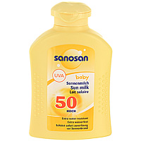 Молочко детское Sanosan baby солнцезащитное, SPF 50, 200 мл03.02.01.089450 Молочко детское Sanosan baby солнцезащитное, SPF 50, 200 мл03.02.01.089450Детское солнцезащитное молочко Sanosan baby бережно защищает кожу малыша от солнечных ожогов. Обогащенное ценными алоэ-вера, витамином Е и пантенолом, молочко увлажняет кожу и защищает от пересушивания. Солнцезащитное молочко серии Sanosan baby- экстраводостойкое;- дает моментальный эффект после нанесения;- со сбалансированной степенью защиты от УФ-Ф и УФ-В лучей (в соответствии с рекомендациями ЕС);- не содержит отдушек, красителей и консервантов.