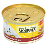 Консервы для кошек Gourmet Gold, с курицей и печенью, 85 г12130919 Консервы для кошек Gourmet Gold, с курицей и печенью, 85 г12130919Корм Gourmet Gold консервированный полнорационный для взрослых кошек, с курицей и печенью.Рекомендации по кормлению: Для взрослой кошки среднего веса требуется 4 баночки корма Gourmet Gold в день. Кормление необходимо разделить минимум на два приема. Индивидуальные потребности животного могут отличаться, поэтому норма кормления должна быть скорректирована для поддержания оптимального веса вашей кошки. Для беременных и кормящих кошек - кормление без ограничений. Подавать корм комнатной температуры.Следите, чтобы у вашей кошки всегда была чистая, свежая питьевая вода.Условия хранения: Закрытую банку хранить в сухом прохладном месте. После открытия продукт хранить максимум 24 часа.Состав: мясо и субпродукты (из которых курицы 4%, печени 4%), злаки, сахара, минеральные вещества.Гарантируемые показатели: влажность 81,5%, белок 7,5%, жир 3,7%, сырая зола 1,3%, сырая клетчатка 0,5%.Добавленные вещества: МЕ/кг: витамин A: 1290; витамин D3: 200. мг/кг: железо: 9; йод: 0,2; медь: 0,8; марганец: 1,7; цинк: 9.Вес: 85 г.Товар сертифицирован.