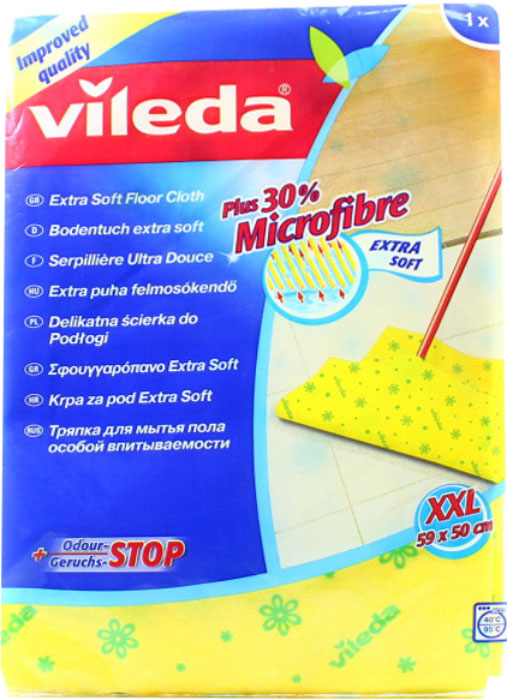 Тряпка для мытья пола Vileda Extra Soft3515-9 Тряпка для мытья пола Vileda Extra Soft3515-9Тряпка Vileda Extra Soft предназначена для мытья полов. Тряпка обладает высокой впитывающей способностью и легко выжимается. Отлично собирает грязь и влагу. Не оставляет разводов. Характеристики: Материал:70 % вискоза, 15% полипропилен, 15% полиэстер. Размер:59 см х 50 см. Производитель:Германия. Артикул:3515-9.