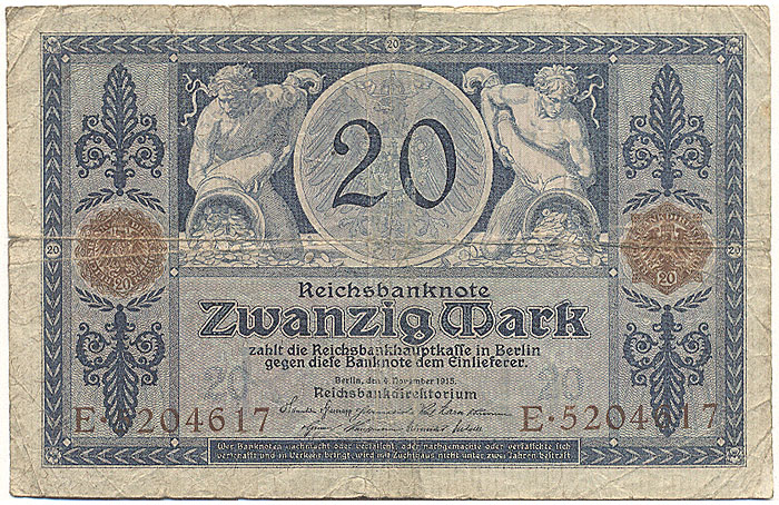 Купюра номиналом 20 марок. Германия, 1915 год