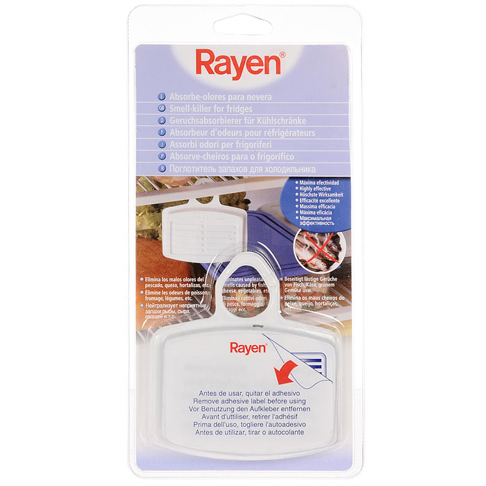 Благодаря естественным свойствам активированного угля, компактный поглотитель запахов "Rayen" целых три месяца будет сохранять воздух внутри вашего холодильника свежим. Он также предотвращает впитывание посторонних ароматов другими продуктами. Не занимает много места и удобно подвешивается. Предназначен для устранения нежелательных запахов внутри холодильника.   Характеристики:  Материал: пластик ABC, полиэстер. Состав фильтра: активированный уголь, полиуретановый носитель. Размер поглотителя: 11 см х 7,5 см х 2 см. Размер упаковки: 13,5 см х 26,5 см х 2 см. Артикул: 6315-RY.
