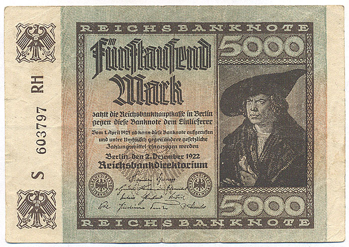 Банкнота номиналом 5000 марок. Германия. 1922 год