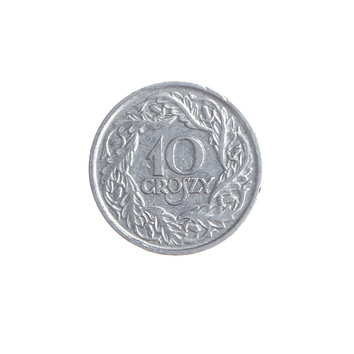 Монета номиналом 10 грошей. Белый металл. Польша, 1923 год
