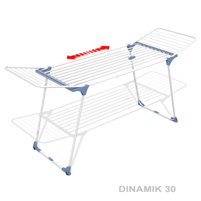 Сушилка для белья Gimi Dinamik 30, напольная, цвет: белый, синий, 258 х 57 х 102 см10140032_синий Сушилка для белья Gimi Dinamik 30, напольная, цвет: белый, синий, 258 х 57 х 102 см10140032_синийНапольная сушилка для белья Gimi Dinamik 30, изготовленная из стали, проста и удобна в использовании. Идеально подходит для любых помещений. Сушилка оснащена стальными рейками, общая длина которых составляет 27 метров. Также сушилка имеет распашные створки для более удобной сушки белья. С помощью телескопических направляющих может раздвигаться, что позволяет свободно развесить как большие простыни, так и белье небольшого размера. Защитные уголки на ножках и цветные пластиковые заглушки на колесиках предотвратят появление царапин на полу. Сушилка для белья легко складывается и в таком состоянии занимает мало места, потому вам легко будет убрать ее в любое удобное для вас место.Размер сушилки в разложенном виде: 198-258 х 57 х 102 см.Размер сушилки в сложенном виде: 116 х 57 х 10,5.Общая длина реек: 27 м.