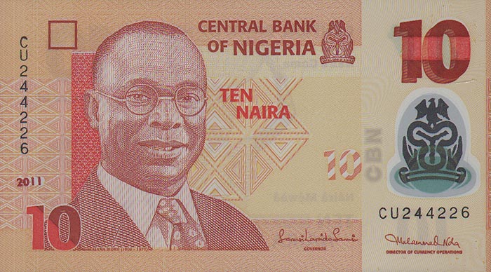 Банкнота номиналом 10 найра. Полимер. Нигерия, 2011 год