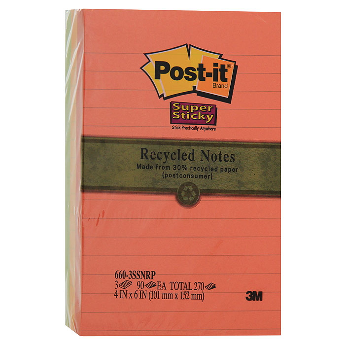 Набор бумаги для заметок Post-it с липким слоем, 3 блока660-3SSNRP Набор бумаги для заметок Post-it с липким слоем, 3 блока660-3SSNRPНабор бумаги для заметок Post-it - эффективный офисный инструмент, позволяющий рационально организовать работу, используя разнообразные цвета для обозначения дел разной важности. Клеевой слой не высыхает и выдерживает многократное приклеивание к большинству поверхностей. Не нужно беспокоиться, что бумага быстро закончится - в наборе 3 блока по 90 листов. Листы выполнены из бумаги в линейку 3 цветов: красный, оранжевый, зеленый.Характеристики:Размер листа: 10,1 см х 15,2 см. Количество: 90 листов в блоке. Размер упаковки: 15,2 см х 10,1 см х 3 см. Изготовитель: США.
