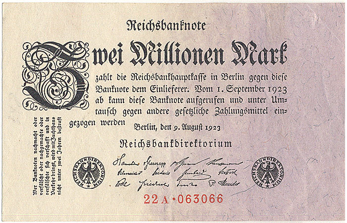 Банкнота номиналом 2 миллиона марок. Германия, 1923 год