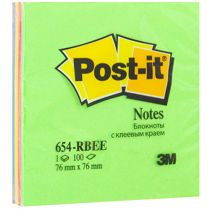Бумага для заметок Post-it Весенняя радуга с липким слоем, 7,6 см х 7,6 см654-RB-SP Бумага для заметок Post-it Весенняя радуга с липким слоем, 7,6 см х 7,6 см654-RB-SPБумага для заметок с липким слоем Post-it прекрасно подойдет для записи номеров телефонов, адресов, напоминания о важной встрече или внезапно пришедшей полезной мысли.Бумагу можно наклеивать на любую гладкую поверхность, без опасения оставить след от клея.Блок содержит 100 листов из бумаги зеленого, розового, желтого и синего цветов. Характеристики:Размер листа: 7,6 см х 7,6 см. Количество: 100 листов в блоке.