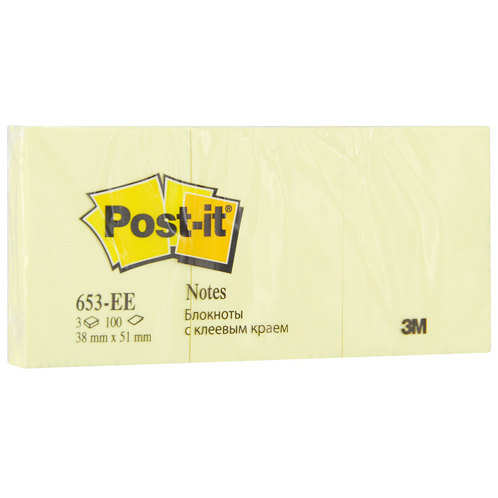 Бумага для заметок Post-it, с липким слоем, цвет: желтый, 300 листов653 Бумага для заметок Post-it, с липким слоем, цвет: желтый, 300 листов653Бумага для заметок Post-it прекрасно подойдет для записи номеров телефонов, адресов, напоминания о важной встрече или внезапно пришедшей полезной мысли.Бумагу можно наклеивать на любую гладкую поверхность, без опасения оставить след от клея.Комплект содержит 3 блока по 100 листов в каждом из бумаги желтого цвета. Характеристики:Размер листа: 3,8 см х 5,1 см. Количество: 300 листов.