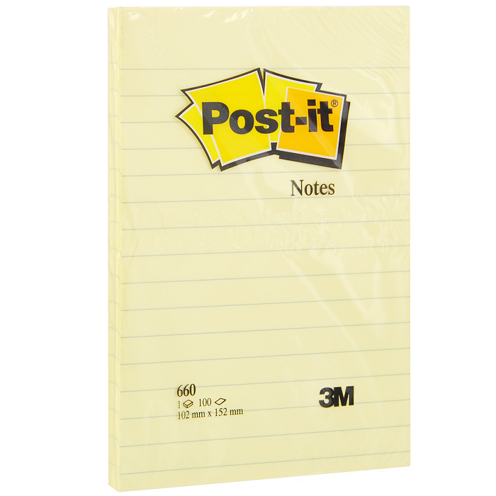Бумага для заметок Post-it, с липким слоем, цвет: желтый, 100 листов660 Бумага для заметок Post-it, с липким слоем, цвет: желтый, 100 листов660Бумагу для заметок в линейку Post-it удобно использовать для записи номеров телефонов, адресов, напоминания о важной встрече или внезапно пришедшей полезной мысли.Бумагу можно наклеивать на любую гладкую поверхность, без опасения оставить след от клея.Блок содержит 100 листов из линованной бумаги желтого цвета. Характеристики:Размер листа: 10,2 см х 15,2 см. Количество: 100 листов.