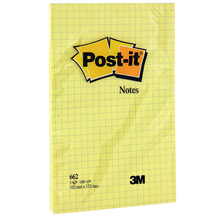 Бумага для заметок Post-it, с липким слоем, цвет: желтый, 100 листов. 662662 Бумага для заметок Post-it, с липким слоем, цвет: желтый, 100 листов. 662662Бумагу для заметок в линейку Post-it удобно использовать для записи номеров телефонов, адресов, напоминания о важной встрече или внезапно пришедшей полезной мысли.Бумагу можно наклеивать на любую гладкую поверхность, без опасения оставить след от клея.Блок содержит 100 листов из бумаги в клетку желтого цвета. Характеристики:Размер листа: 10,2 см х 15,2 см. Количество: 100 листов.