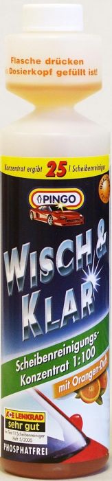 Добавка в бачок стеклоомывателя Pingo, с ароматом апельсина, 250 мл00788-9 Добавка в бачок стеклоомывателя Pingo, с ароматом апельсина, 250 мл00788-9Моющий концентрат для стеклоочистителей Pingo (концентрат 1:100) быстро и эффективно очищает стекло от дорожной грязи, масляных пятен, следов насекомых и т.д. Не оставляет разводов, подтеков и мутной пленки, обеспечивая тем самым безопасность и комфорт вождения. Удаляет известковые отложения в системе стеклоомывания, препятствуя закупорке шлангов и распылительных форсунок. Состав содержит специальные компоненты, продлевающие срок службы резиновых накладок дворников. Флакон снабжен специальным дозатором, позволяющим легко отмерять нужное количество концентрата. С натуральным ароматом апельсина.Способ применения: Добавьте состав в бачок стеклоомывателя из расчета 25 мл концентрата на 2,5 литра воды. Характеристики:Объем:250 мл.Производитель: Германия.Артикул: 00788-9.