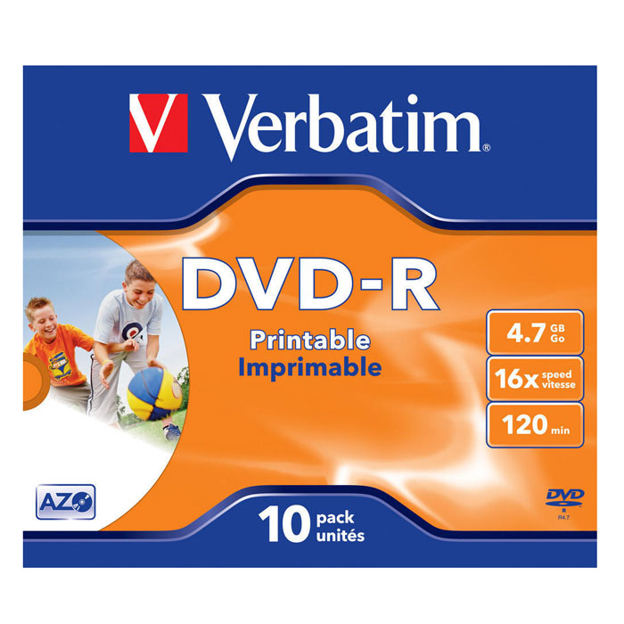 Verbatim DVD-R 4.7GB, 16x, 10шт, Jewel Case, Printable (43521)