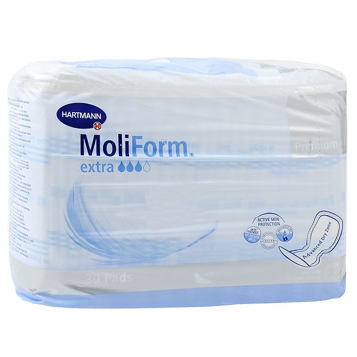 Анатомические прокладки при недержании Moliform Premium extra, 30 шт1683191 Анатомические прокладки при недержании Moliform Premium extra, 30 шт1683191Прокладки Moliform Premium extra анатомической формы изготовлены из экологически чистого сырья, дерматологически протестированы, предотвращают появление возможных раздражений кожи. Трехслойная впитывающая подушка обеспечивает максимальную впитываемость. Нетканый материал, соприкасающийся с кожей, дарит ощущение комфорта. Верхний проводящий слой на основе закрученной целлюлозы оказывает антибактериальный эффект и поддерживает благоприятный для кожи фактор рН 5,5. Впитывающая подушка благодаря действию суперабсорбента HighDry SAP превращает жидкость в гель и действует как магнит, прочно удерживая жидкость и запах внутри. Гипоаллергенны, подходят для чувствительной кожи. Фиксируются к белью с помощью штанишек MoliPants.Характеристики: Размер упаковки: 3 см х 20 см х 25 см.Впитываемость: высокая.