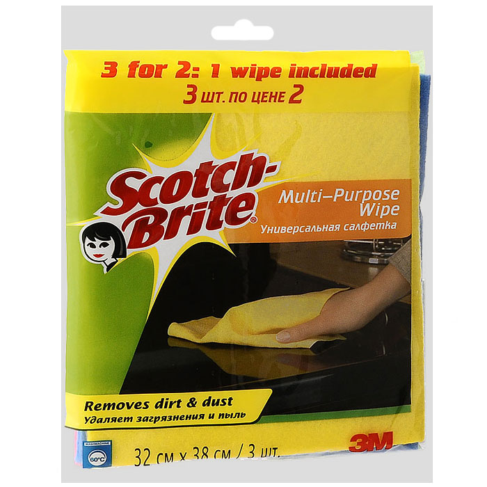 Салфетка Scotch-Brite, универсальная, 2 шт + 1 салфетка в ПОДАРОК11018 Салфетка Scotch-Brite, универсальная, 2 шт + 1 салфетка в ПОДАРОК11018Универсальная салфетка Scotch-Brite идеально подходит для сухой и влажной уборки любых поверхностей. Преимущества:удаляет загрязнения м пыль,легко отжимается, быстро сохнет и не впитывает неприятные запахи,мягкий и долговечный материал,может применяться с бытовыми моющими средствами,многократная машинная стирка при температуре 60°C.Характеристики: Материал: 85% вискоза, 15% полипропилен. Размер: 32 см х 38 см. Количество в упаковке:3 шт. Изготовитель:Польша. Артикул: 11018.