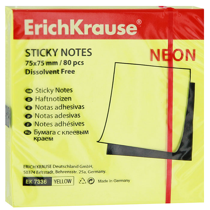 Бумага для заметок "Erich Krause", с липким слоем, цвет: неоновый желтый, 80 листов, 7,5 см х 7,5 см
