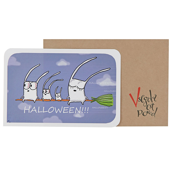 Открытка Halloween!!! - Ручная авторская работа. H001H1 Открытка Halloween!!! - Ручная авторская работа. H001H1Авторская открытка оформленная забавными зайцами и надписью Halloween!!! станет необычным и ярким дополнением к подарку дорогому и близкому вам человеку или просто добавит красок в серые будни.Обратная сторона открытки не содержит текста, что позволит вам самостоятельно написать самые теплые и искренние пожелания.К открытке прилагается бумажный конверт Vsegda est povod. Характеристики: Размер:15 см х 10 см. Материал: бумага. Артикул: H1.