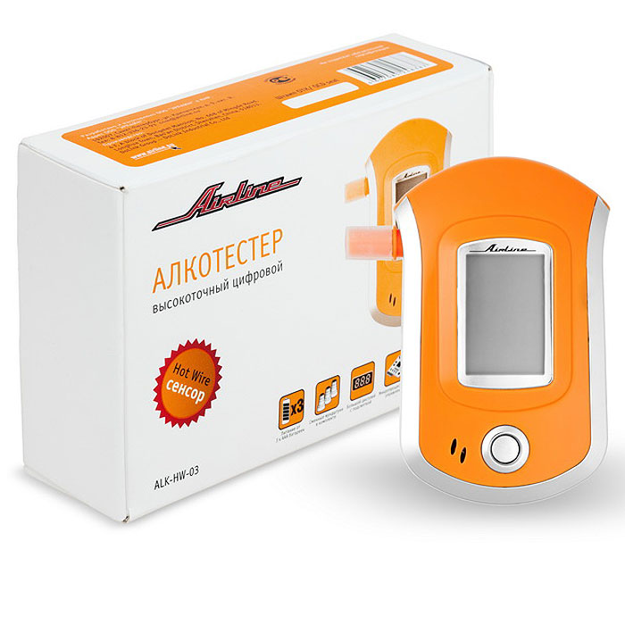 Алкотестер цифровой высокоточный Airline ALK-HW-03ALK-HW-03 Алкотестер цифровой высокоточный Airline ALK-HW-03ALK-HW-03Алкотестер цифровой высокоточный Airline ALK-HW-03 предназначен для персонального использования и оснащен продвинутым HotWire сенсором, обеспечивающим точность показаний и долговечность. Позволяет проводить контроль сотрудников на предприятиях. Устройство измеряет уровень содержания алкоголя в выдыхаемом воздухе, отображая данные на встроенном ярком ЖК-дисплее. Имеет выносную трубку для выдыхания воздуха и комплектуется сменными мундштуками для гигиены.Особенности:Яркий, большой ЖК дисплей с подсветкой;Микропроцессорное управление;Звуковое предупреждение;Автоконтроль состояния сенсора;Сменные мундштуки в комплекте (5 штук). Характеристики:Диапазон измерения: 0-2 промилле. Элементы питания AAA: 3 шт. Размер упаковки: 16,5 см х 10 см х 5 см. Артикул: ALK-HW-03.