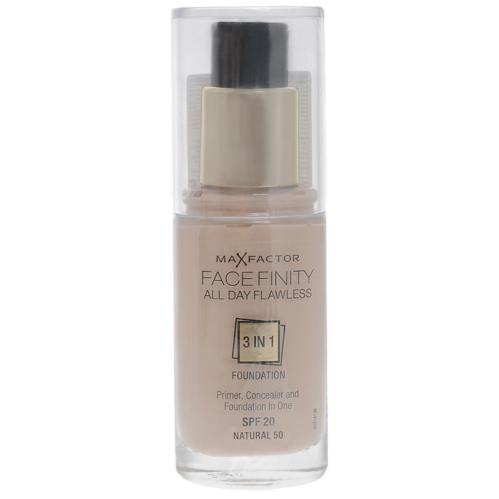 Max Factor Тональная основа 3в1 Facefinity All Day Flawless, SPF 20, тон №50 (natural), 30 мл81377977 Max Factor Тональная основа 3в1 Facefinity All Day Flawless, SPF 20, тон №50 (natural), 30 мл81377977Max Factor Facefinity All Day Flawless 3 в 1 - это жидкая тональная основа, сочетающая в себе праймер и консилер, которая создает стойкое и безупречное покрытие. Улучшенная эмульсия на основе воды и силикона обеспечивает качественное покрытие и легко наносится благодаря специальной формуле, поэтому теперь сделать профессиональный макияж очень просто. Праймер выравнивает поверхность кожи и обеспечивает стойкость макияжа, а консилер маскирует недостатки и изъяны, придавая лицу безупречный вид. Формула Max Factor Facefinity очень легкая, предотвращает появление жирного блеска, поскольку в состав не входят масла, имеет солнцезащитный фактор SPF 20 для защиты кожи от солнечных лучей.Формула 3 в 1: тональная основа, праймер и консилер.Идеальный оттенок должен соответствовать тону кожи на линии подбородка. Для получения ровного покрытия нанеси небольшое количество тональной основы на лицо и распредели ее от центра к краям кончиками пальцев или с помощью специальной кисти. Чтобы скрыть недостатки кожи, добавь немного средства в те зоны лица, где покрытие должно быть более плотным. Всегда наноси продукт при ярком дневном освещении. Стойкий макияж на весь день готов. Чтобы скрыть недостатки кожи, добавь немного средства в те зоны лица, где покрытие должно быть более плотным.