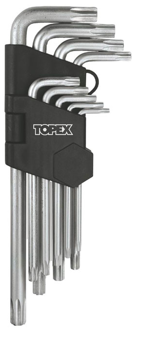 Набор ключей шестигранных Topex, Т10-Т50, 9 шт. 35D96135D961 Набор ключей шестигранных Topex, Т10-Т50, 9 шт. 35D96135D961Набор из шестигранных ключей Торех предназначены для работ с винтами, оснащенными внутренним шестигранным гнездом метрических размеров. В набор входят 9 ключей разных размеров. Набор шестигранных ключей Торех - незаменимый предмет в вашем хозяйстве. Характеристики: Материал: пластик, металл. Размеры ключей: Т10, Т15, Т20, Т25, Т27, Т30, Т40 , Т45, Т50. Размеры упаковки: 31 см х 10 см х 3 см.