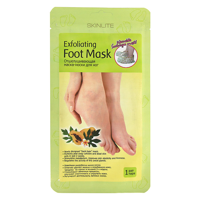 Skinlite Отшелушивающая маска-носки для ног, размер 35-40, 1 пара. SL-275SL-275 Skinlite Отшелушивающая маска-носки для ног, размер 35-40, 1 пара. SL-275SL-275Отшелушивающая маска-носки для ног: Новейшая разработка маска-носки.Отлично удаляет мозоли и огрубевшую кожу, трещины на стопах в течение 2х недель.Стимулирует обменные процессы, улучшает эластичность и упругость кожи.Регулирует деятельность потовых желез. Отшелушивающая маска-носки Skinlite для ног - это инновационный продукт, который сочетает в себе глубокий пилинг стоп и долговременный оздоравливающий эффект. Это эффективное средство для удаления мозолей, натоптышей и потрескавшейся кожи на стопах, предотвращающее огрубление кожи и образование новых трещин. Гликолевая и цитрусовая кислоты способствуют безболезненному и естественному удалению отмерших клеток. Натуральные экстракты папайи и яблока оказывают смягчающее, увлажняющее и восстанавливающее действие. Экстракт ромашки успокаивает кожу. Форма маски в виде носков делает процедуру простой и приятной. Уже через 7 дней кожа ваших ног станет гладкой и нежной, как у младенца, а полученный результат сохранится на 2-3 месяца.Универсальный размер - 35-40.Применение:Перед использованием помойте ноги теплой водой.Откройте упаковку и наденьте маску-носки.Через 90 минут снимите маску-носки. Остатки маски смойте теплой водой.Огрубевшая кожа начнет отслаиваться на 4-7 день после использования маски. Практически все оставшиеся натоптыши и мозоли сойдут в течение следующих 3-5 дней, в зависимости от их толщины. Не используйте дополнительные грубые механические средства для удаления мозолей, когда они начинают отслаиваться, дайте отмершей коже естественно сойти.Меры предосторожности:Не использовать маску, если на ногах есть открытые раны, порезы, раздражения, экзема или кожа склонна к аллергии.Не использовать продукт, если есть чувствительность к какому-либо из компонентов состава.Перед использованием, во избежание аллергических реакций, нанести небольшое количество маски на небольшой участок кожи, чтобы проверить реакцию.Использовать только для ног! Не глотать.Избегать попадания на слизистою оболочку глаз. В случае попадания - тщательно промыть водой.Хранить в месте, недоступном для детей. Избегать попадания прямых солнечных лучей и воздействия слишком высоких или низких температур. Характеристики:Количество масок: 1 пара. Артикул: SL-275. Производитель: Корея. Товар сертифицирован.