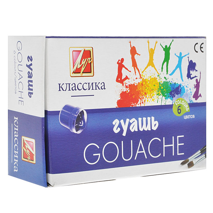 Гуашь Классика, 6 цветов19С 1275-08 Гуашь Классика, 6 цветов19С 1275-08Гуашь Классика предназначена для детского творчества, выполнения художественно-декоративных, оформительских работ. Краски изготовлены на основе натуральных компонентов и высококачественных пигментов. Краска находится в пластмассовых, герметичных баночках с безупречно завинчивающейся крышкой. На крышке есть наклейка, которая указывает на цвет краски в баночке.Краски обладают хорошей кроющей способностью, насыщенностью и чистотой цвета, прекрасно смешиваются между собой, создавая новые чистые оттенки. В наборе представлены следующие краски: белила (титановые, цинковые), желтая светлая, алая (красная), синяя светлая (голубая), зеленая светлая, черная. Характеристики:Объем банки с краской: 20 мл.Размер упаковки: 12,5 см x 8 см х 4 см.