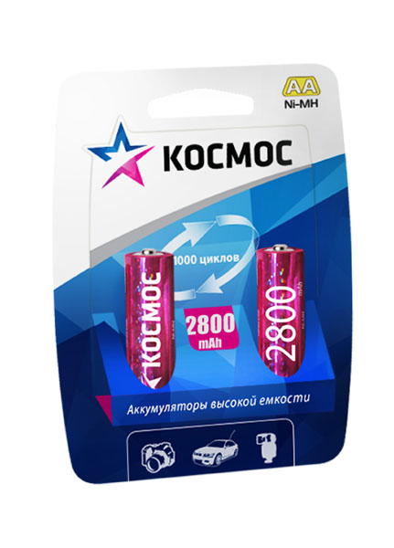 Аккумулятор Ni-MH Космос, тип АА (R6), 2800mAh, 2 штKOCR6NIMH2800MAH2BL Аккумулятор Ni-MH Космос, тип АА (R6), 2800mAh, 2 штKOCR6NIMH2800MAH2BLНикель-металл-гидридные аккумуляторы Космос обладают высокой емкостью, отсутствием эффекта памяти, возможностью быстрого заряда. Используются в цифровых фотокамерах, телефонах DECT, беспроводных джойстиках, и других устройств с высоким энергопотреблением.Характеристики:Тип аккумулятора: Ni-MH / АА (R6). Емкость одной аккумуляторной батареи: 2800mAh. Выходное напряжение одной аккумуляторной батареи: 1,2 В. Комплектация: 2 шт. Производитель:Россия. Изготовитель:Китай. Космос - российский бренд электротоваров, созданный, чтобы обеспечить отечественного покупателя качественной энергосберегающей и энергоэффективной продукцией в категориях:Лампы, светильники Сезонные электротовары Элементы питания, фонари Электроустановочные изделия. Лучшие заводы шести стран мира: Россия, Украина, Белоруссия, Китай, Корея, Япония производят товары Космос на базе современных технологий.