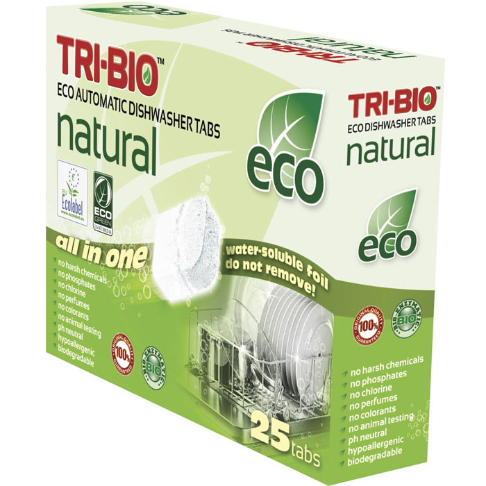 Натуральные эко-таблетки Tri-Bio для посудомоечных машин, 500 г, 25 шт0170 Натуральные эко-таблетки Tri-Bio для посудомоечных машин, 500 г, 25 шт0170Эко-таблетки Tri-Bio - экологическая формула, основана на био-энзимах и натуральных растительных и минеральных компонентах. Не содержат опасных химических веществ, но также эффективна как широко известные жесткие химические моющие средства. Быстро и легко растворяет жиры и удаляет засохшую грязь, оставляя вашу посуду кристально чистой. Не оставляет ужасных химических запахов и остатки моющего средства, на вашей посуде и посудомоечной машине. Не содержит ароматов и красителей, рекомендуется для людей, склонных к аллергическим реакциям и страдающих астмой. Легкие и безопасные в использовании, упакованы в водорастворимую пленку. Для здоровья: Без фосфатов, растворителей, хлора отбеливающих веществ, абразивных веществ, отдушек, красителей, токсичных веществ, нейтральный pH, гипоаллергенно. Присвоены сертификаты EU Ecolabel и ECO GREEN. Для окружающей среды: Низкий уровень ЛОС, биоразлагаем, минимальное влияние на водные организмы. Особо рекомендуется использовать в домах с автономной канализацией. Применение: Ополосните сильно загрязненную посуду. Не удаляйте водорастворимую плёнку! Поместитe таблетку в дозировочный отсек, и запустите вашу обычную программу. В регионах с высокой жесткостью воды, для максимального результата, используйте дополнительно ополаскиватель и специальную соль. Характеристики:Комплектация: 25 шт. Общий вес: 500 г. Вес одной таблетки: 20 г. Состав: Sodium carbonate (органический, сода), Sodium citrade (органический, соль), Sodium percarbonate (отбеливатель на кислородной основе), Acrylamide-sodium acrylate copolymer (поликарбоксилат), N,N-ethylenebis[N-acetylacetamide (отбеливатель на кислородной основе), Isotridecanol, ethoxylated (органический, из кокосового масла, пальмового масла или сои), Polyethylene glycol, Sodium silicate, Glycerol, Rapsoel (рапсовое масло), Protease and Amylase (ферменты) Размер упаковки: 19,5 см х 5,5 см х 14,5 см. Артикул: 0170.