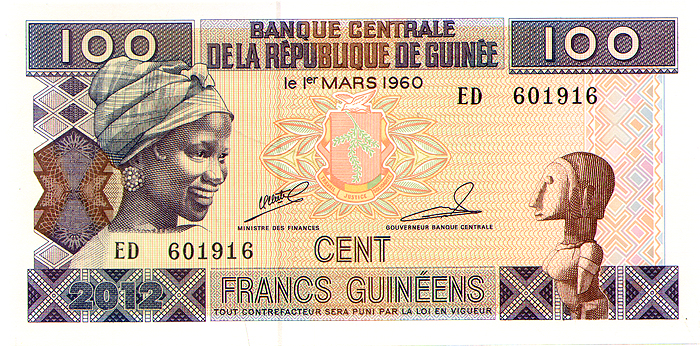 Банкнота номиналом 100 франков. Гвинея. 2012 год