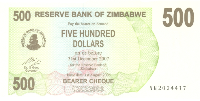 Банкнота номиналом 500 долларов. Зимбабве. 2006 год
