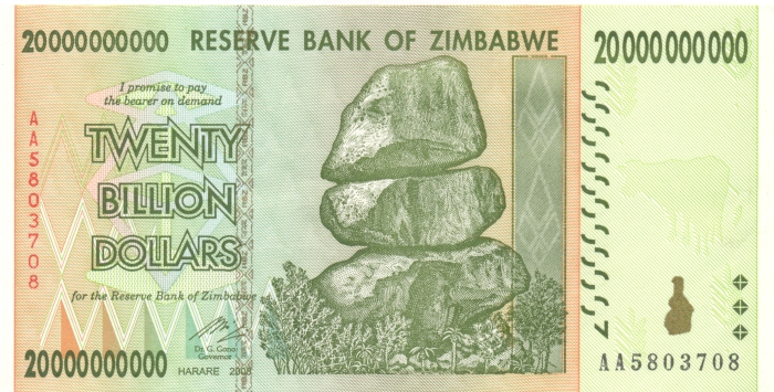 Банкнота номиналом 20 миллиардов долларов. Зимбабве, 2008 год