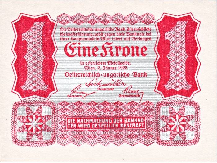 Банкнота номиналом 1 крона. Австрия. 1922 год