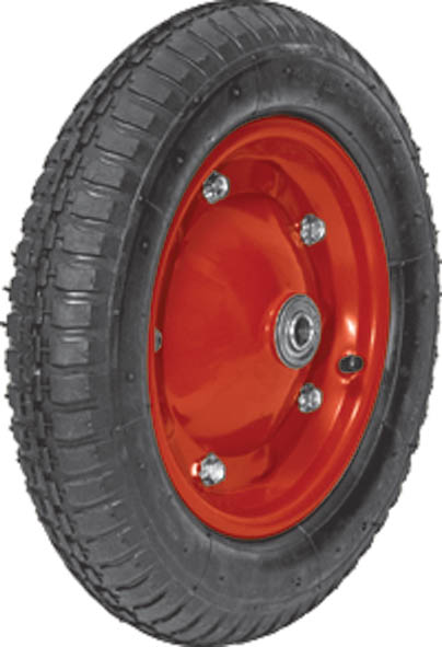 Колесо "Fit" является запасным элементом для тачки. Имеет резиновую шину и камеру, крашенный диск (красный). Шариковый стальной подшипник обеспечивает прочность и надежность конструкции. Грузоподъемность колеса составляет 160 кг. Для тачки строительной 77555. Характеристики: Материал: резина, металл. Грузоподъемность: 160 кг. Размеры колеса: 40 см х 40 см х 10 см. Размер упаковки:  40 см х 40 см х 10 см.