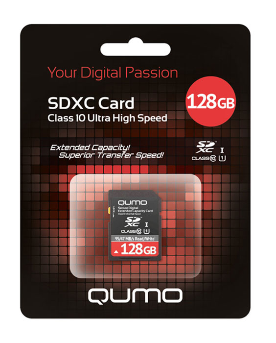 QUMO SDXC Class 10 128GB UHS-1QM128GSDXC10U1 QUMO SDXC Class 10 128GB UHS-1QM128GSDXC10U1Скоростная карта памяти SDXC Class 10 позволяет осуществлять расширение памяти цифровых плееров, цифровых фотоаппаратов и видеокамер, коммуникаторов,смартфонов,интернет планшетов и других совместимых устройств. Кроме того, карты памяти QUMO являются качественным решением для хранения и переноса различного рода информации, такой как, музыкальный файлы,фотографии, электронные документы и другие важные для Вас файлы.Внимание!Карты памяти SDXC предназначены для использования только в устройствах, поддерживающих формат SDXC! Не пытайтесь отформатировать карту памяти SDXC в устройстве, предназначенном для карт SD/SDHC! Это приведёт к необратимому повреждению карты памяти! Формат SDXC поддерживается операционными системами Windows 7, Vista, Server 2008 и MacOS X версии 10.5.6 и выше. Использование карты SDXC под Windows XP SP2 возможно после установки драйвера., который Вы сможете скачать на сайте QUMO в разделе «Поддержка»: http://www.qumo.ru/files/. Работа с SDXC в прочих операционных системах пока невозможна.Во избежание потери информации и порчи карты памяти перед её извлечением убедитесь, что обмен данными с картой полностью окончен или не ведётся. Физически извлекайте устройство только после предусмотренного системой программного извлечения (в ОС Windows — «Безопасное извлечение устройства»).