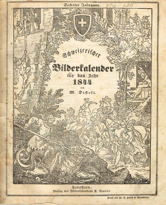 Швейцарский иллюстрированный календарь 1844 годаX106 Швейцарский иллюстрированный календарь 1844 годаX106На немецком языке. Солотурн, 1844 год. Verlag des Bilderkalenders X. Amiet. Со множеством литографий, ксилографией, календарем.Оригинальная обложка. Сохранность хорошая. На обложке в верхнем правом углу владельческие пометы карандашом.Издание представляет собой иллюстрированный календарь 1844 года, изданный в швейцарском городе Солотурн и включающий множество публикаций, сатирических и политических карикатур, объявлений, статей и стихотворений.Кроме того, в календарь включена обширная статья, посвященная Бургундским войнам 1474-1477 гг. и их последствиям.Автор иллюстраций и составитель швейцарский художник-карикатурист Мартин Дистели (Martin Disteli; 1802 - 1844).Издание не подлежит вывозу за пределы Российской Федерации.