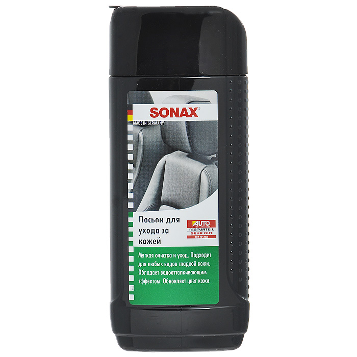 Лосьон Sonax, по уходу за кожей, 250 мл291141 Лосьон Sonax, по уходу за кожей, 250 мл291141Лосьон Sonax - высокоэффективное средство для очистки и ухода за изделиями из любых видов гладкой и искусственной кожи (салоны автомобилей, мягкая обивка мотоциклов, сумки, предметы мебели и т.п). Лосьон легко удаляет грязь, масло и жир, а также обновляет цвет кожи. Благодаря содержащимся в средстве силиконовым маслам и пчелиному воску кожа становится эластичной. После обработки кожа сохраняет свою исходную шероховатость и не становится скользкой. Средство усиливает характерный аромат кожи и обеспечивает защиту от ультрафиолетовых лучей. Характеристики: Объем: 250 мл. Артикул: 291141. Товар сертифицирован.