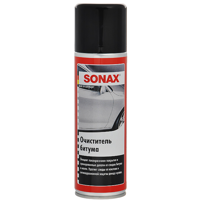 Очиститель битума Sonax, 300 мл334200 Очиститель битума Sonax, 300 мл334200Очиститель Sonax бережно и основательно удаляет битумные и масляные пятна с лакокрасочных покрытий и хромированных деталей. Эффективен для удаления остатков наклеек и следов от антикоррозийной защиты кузова. Характеристики: Объем: 300 мл. Артикул: 334200. Товар сертифицирован.