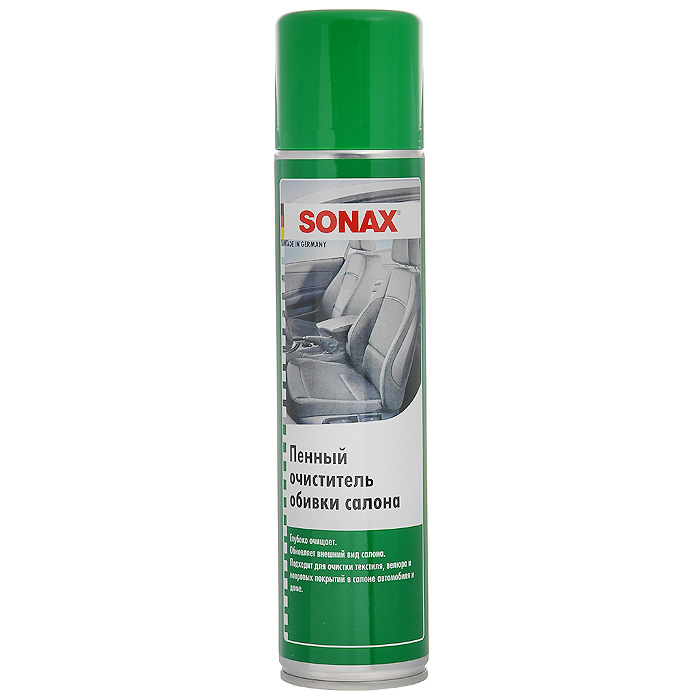 Очиститель пенный Sonax, для обивки салона, 400 мл306200 Очиститель пенный Sonax, для обивки салона, 400 мл306200Очиститель пенный Sonax удаляет даже сильно въевшуюся грязь с текстильных покрытий, велюра и ковриков. Восстанавливает цвет обивки салона. Не оставляет разводов. Остатки пены легко удаляются при помощи пылесоса или щетки. Характеристики: Объем: 400 мл. Артикул: 306200. Товар сертифицирован.