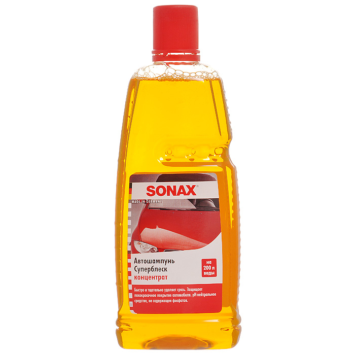 Автошампунь-концентрат Sonax Суперблеск, 1 л314300 Автошампунь-концентрат Sonax Суперблеск, 1 л314300Концентрированный автошампунь Sonax Суперблеск бережно удаляет загрязнения, не оказывая негативного воздействия на защитный восковой слой на лакокрасочном покрытии. Действует быстро и основательно против типичных уличных загрязнений при одновременном максимальном уходе за поверхностью. Для очищения всех поверхностей из металла, стекла, пластика, резины, плитки и фарфора и эмалированных поверхностей. Не содержит фосфатов, не вредит окружающей среде. Характеристики:Объем: 1 л. Артикул: 314300.