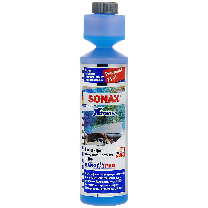 Стеклоомыватель Sonax NanoPro, концентрат 1:100, 250 мл271141 Стеклоомыватель Sonax NanoPro, концентрат 1:100, 250 мл271141Концентрированный стеклоомыватель Sonax NanoPro применяется в летний период. Мгновенно удаляет масленый налет, копоть, силикон, следы от насекомых и другие загрязнения. Стеклоомыватель безопасен для резины, пластика и фар. Может смешиваться с водой любой жесткости. Для обеспечения безопасности содержит горькую добавку.Инструкция по применению:25 мл достаточно для приготовления 2,5 л готового стеклоомывателя;содержимое бутылки достаточно для приготовления 25 л готового стеклоомывателя;беречь от воздействия минусовых температур. Характеристики:Состав: 15-30% анионогенные ПАВ, краситель, отдушка, кумарин, гексил циннамал, лимонен, метилизотиазолинон, бензизотиазолион. Объем: 250 мл. Артикул: 271141.