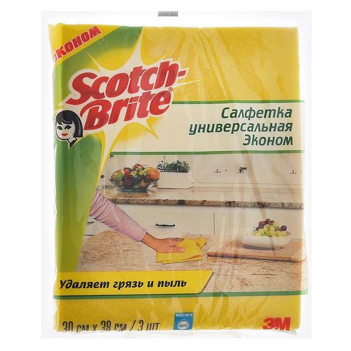 Салфетка Scotch-Brite универсальная, цвет: желтый, 3 шт12110 Салфетка Scotch-Brite универсальная, цвет: желтый, 3 шт12110Универсальная салфетка Scotch-Brite изготовлена из вискозы и полипропилена желтого цвета. Подходит для сухой и влажной уборки. Салфетка долговечна, с хорошими впитывающими свойствами. Легко отжимается, быстро сохнет и не впитывает запахи. Допускается стирка в стиральной машине при температуре 60°С. Не использовать с хлоросодержащими средствами! Характеристики: Материал: 80% вискоза, 20% полипропилен. Цвет: желтый. Размер салфетки: 30 см х 38 см. Комплектация: 3 шт. Размер упаковки: 20 см х 16 см х 2 см. Артикул: 12110.
