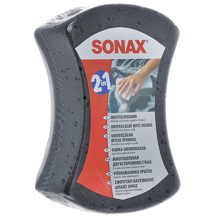 Двухсторонняя автомобильная губка "Sonax" изготовлена из мягкого, приятного на ощупь поролона. Она не нанесет вреда лаку, хорошо впитывает, долго не изнашивается. Характеристики:   Материал: поролон. Размер губки: 14 см х 6 см х 20 см. Артикул: 428000.