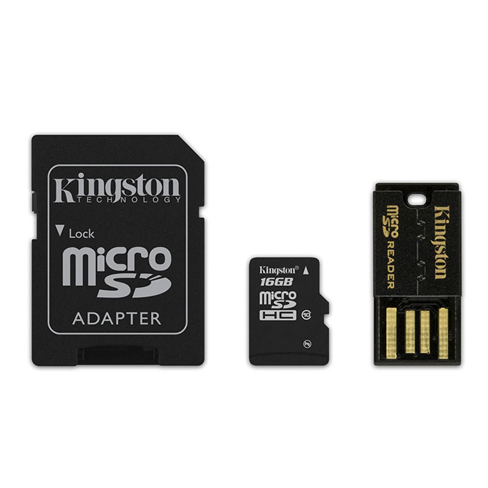 Kingston microSDHC Class 10, 16GB карта памяти + SD адаптер + USB reader