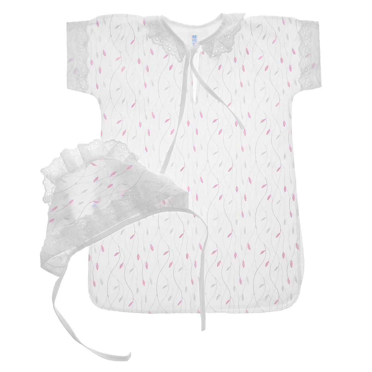 Комплект для крещения детский Трон-плюс: рубашка, чепчик, цвет: белый, розовый. 1403. Размер 68, 6 месяцев