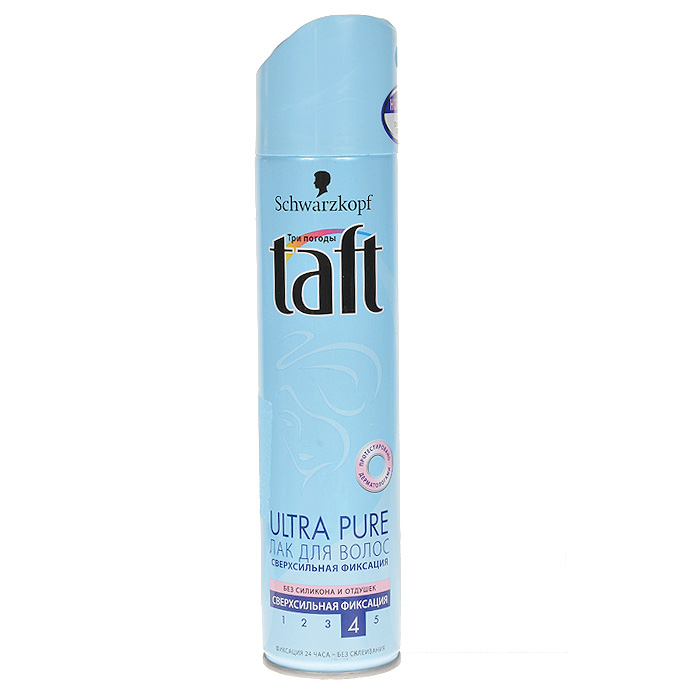 Taft Лак для волос Ultra Pure, сверхсильная фиксация, 225 мл9065742 Taft Лак для волос Ultra Pure, сверхсильная фиксация, 225 мл9065742Лак для волос Taft Ultra Pure бережно относится к волосам и обеспечивает сильную фиксацию на протяжении 24 часов. Легко удаляется при расчесывании, не утяжеляет волосы и защищает их от пересушивания. Специальная формула лака защищает ваши волосы от ветра, влажности, а также помогает уберечь их от воздействия УФ-лучей.Протестировано дерматологами.Товар сертифицирован.