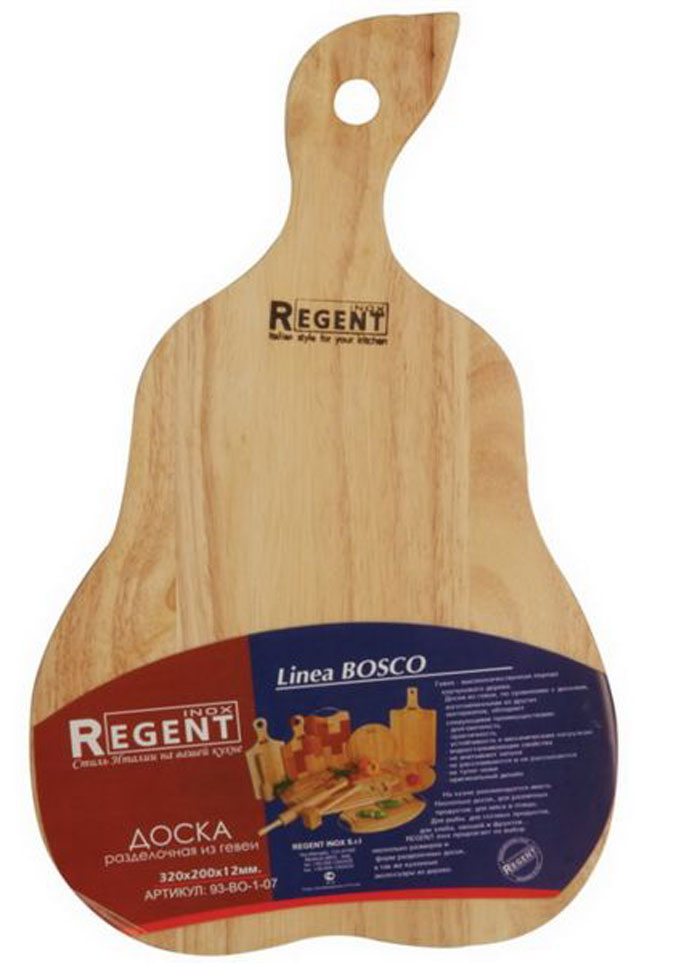 Доска разделочная Regent Inox Груша, из гевеи, 32 х 20 х 1,2 см93-BO-1-07 Доска разделочная Regent Inox Груша, из гевеи, 32 х 20 х 1,2 см93-BO-1-07Разделочная доска Regent Inox Груша, выполненная из гевеи, прекрасно подойдет для приготовления и сервировки пищи. Доска идеально подходит для разделки мяса, рыбы и нарезки любых продуктов. Она выполнена в форме груши и имеет специальное отверстие, при помощи которого ее можно подвесить в удобном месте. Гевея - высококачественная порода каучукового дерева. Доски из гевеи, по сравнению с досками, изготовленными из других материалов, обладают следующими преимуществами:- долговечность- практичность- устойчивость к механическим нагрузкам- водоотталкивающие свойства- не впитывают запахи- не расслаиваются и не рассыхаются- не тупят ножи- оригинальный дизайн. На кухне рекомендуется иметь несколько досок, для различных продуктов: для мяса и птицы, для рыбы, для готовых продуктов, для хлеба, овощей и фруктов. Regent Inox предлагает на выбор несколько размеров и форм разделочных досок, а также кухонные аксессуары из дерева. Характеристики:Материал: гевея. Размер:32 см х 20 см х 1,2 см. Артикул:93-ВО-1-07.