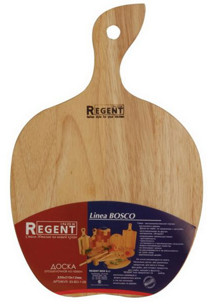 Доска разделочная Regent Inox Яблоко, из гевеи, 32 х 21 х 1,2 см93-BO-1-08 Доска разделочная Regent Inox Яблоко, из гевеи, 32 х 21 х 1,2 см93-BO-1-08Разделочная доска Regent Inox Яблоко, выполненная из гевеи, прекрасно подойдет для приготовления и сервировки пищи. Доска идеально подходит для разделки мяса, рыбы и нарезки любых продуктов. Она выполнена в форме яблока и имеет специальное отверстие, при помощи которого ее можно подвесить в удобном месте. Гевея - высококачественная порода каучукового дерева. Доски из гевеи, по сравнению с досками, изготовленными из других материалов, обладают следующими преимуществами:- долговечность- практичность- устойчивость к механическим нагрузкам- водоотталкивающие свойства- не впитывают запахи- не расслаиваются и не рассыхаются- не тупят ножи- оригинальный дизайн. На кухне рекомендуется иметь несколько досок, для различных продуктов: для мяса и птицы, для рыбы, для готовых продуктов, для хлеба, овощей и фруктов. Regent Inox предлагает на выбор несколько размеров и форм разделочных досок, а так же кухонные аксессуары из дерева. Характеристики:Материал: гевея. Размер:32 см х 21 см х 1,2 см. Артикул:93-ВО-1-08.