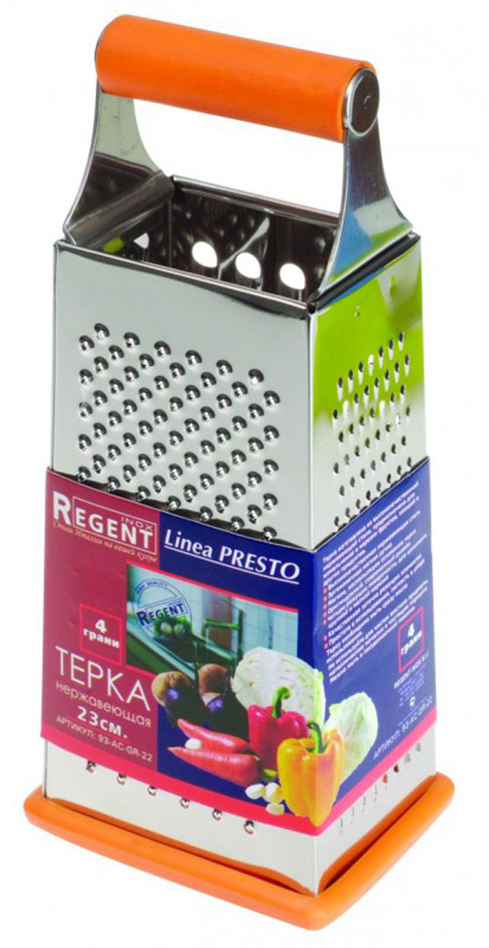 Терка Regent Inox Presto четырехгранная, цвет: оранжевый, 23 см93-AC-GR-22 Терка Regent Inox Presto четырехгранная, цвет: оранжевый, 23 см93-AC-GR-22Терка Regent Inox Presto выполнена из высококачественной нержавеющей стали. Терка предназначена для измельчения и нарезки фруктов, овощей и других продуктов.Преимущества терки Regent Inox Presto:- эргономичная пластиковая ручка,- мягкое нескользящее основание терки,- оригинальный современный дизайн,- четыре режущие поверхности для шинковки, крупной и мелкой нарезки,- качественная заточка режущих элементов,- простота в использовании, легкость в уходе.Терку необходимо мыть сразу после использования. Не используйте для чистки жесткие предметы, металлические мочалки и чистящие порошки. Характеристики:Материал: нержавеющая сталь, пластик.Размер терки (без учёта ручки) (В х Д х Ш): 19 см х 10,5 см х 8 см.Размер упаковки (В х Д х Ш): 25 см х 11 см х 9 см.Артикул: 93-AC-GR-22.